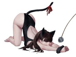 Rule 34 | 1girl, animal ears, ass, back, back cutout, bare hips, bare legs, bare shoulders, barefoot, bell, black eyes, black hair, black hairband, black scrunchie, blunt bangs, breast press, breasts, cat ears, cat tail, cat teaser, clenched hands, clothing cutout, dongho kang, fake animal ears, fake tail, from side, full body, hairband, high ponytail, highleg, highleg leotard, jingle bell, leotard, long hair, looking away, looking to the side, medium breasts, mole, mole on nose, original, outstretched arms, own hands together, ponytail, red ribbon, ribbon, scrunchie, sideboob, simple background, solo, tail, tail bell, tail ornament, tail ribbon, top-down bottom-up, v arms, white background, wrist scrunchie