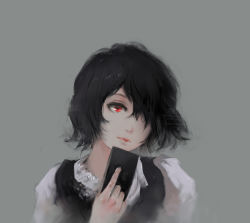 Rule 34 | 1girl, black hair, closed mouth, commentary request, grey background, hair over one eye, head tilt, highres, holding, kirishima touka, looking at viewer, portrait, puffy sleeves, red eyes, short hair, simple background, solo, tokyo ghoul, zzz (orchid-dale)