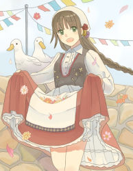 Rule 34 | 1girl, :d, apron, bird, bloomers, bodice, braid, brown hair, clothes lift, collared shirt, dirndl, duck, flower, german clothes, green eyes, hair flower, hair ornament, head scarf, leaf, legs together, long hair, long sleeves, looking at viewer, maid, maid apron, maid headdress, mitsuyo (mituyo324), open mouth, original, outdoors, petticoat, pole, red skirt, shirt, sidelocks, single braid, skirt, skirt basket, skirt lift, smile, solo, standing, stone wall, string of flags, underwear, waist apron, wall, white shirt