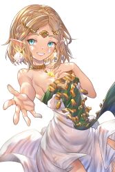 Rule 34 | 1girl, absurdres, aqua eyes, bare shoulders, blonde hair, breasts, dress, earrings, highres, honkivampy, jewelry, looking at viewer, neckerchief, nintendo, pointy ears, princess zelda, reaching, reaching towards viewer, short hair, simple background, small breasts, smile, solo, sparkle, the legend of zelda, the legend of zelda: tears of the kingdom, two-tone dress, white background, white dress, yellow neckerchief