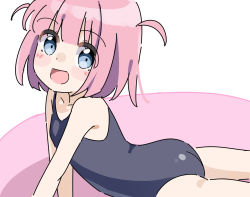 Rule 34 | 1girl, :d, ass, bare shoulders, black one-piece swimsuit, blue eyes, blush stickers, bocchi the rock!, collarbone, commentary request, gotoh futari, highres, kapuru 0410, looking at viewer, looking to the side, one-piece swimsuit, open mouth, pink background, pink hair, school swimsuit, smile, solo, swimsuit, two-tone background, two side up, white background