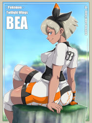 Rule 34 | 1girl, ass, bea (pokemon), black bodysuit, black hairband, blue eyes, bodysuit, bodysuit under clothes, breasts, character name, commentary, creatures (company), dark-skinned female, dark skin, english commentary, from behind, game freak, gloves, grey hair, gym leader, hairband, knee pads, looking at viewer, looking back, nintendo, orange gloves, patreon username, pokemon, pokemon: twilight wings, pokemon (anime), pokemon swsh, print shorts, sano br, short hair, short sleeves, shorts, single glove, sitting, sitting on object, small breasts, solo, two-tone gloves, watermark, web address
