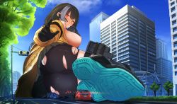 Rule 34 | 1boy, 1girl, absurdres, ass, bike shorts, black gloves, black hair, blush, boots, brown jacket, city, closed mouth, day, destruction, giant, giantess, girls&#039; frontline, gloves, grey skirt, heterochromia, highres, jacket, long hair, magazine (weapon), multicolored hair, natsukaze shigure, outdoors, red eyes, ro635 (girls&#039; frontline), size difference, skirt, streaked hair, thigh strap, topless, torn bike shorts, torn clothes, toyota prius, traffic, yellow eyes