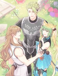 Rule 34 | 1girl, 2boys, achilles (fate), animal ears, atalanta (fate), blonde hair, brown hair, cat ears, cat tail, chiron (fate), fate/apocrypha, fate/grand order, fate (series), green eyes, green hair, hair bobbles, hair ornament, highres, horse tail, long hair, low-tied long hair, mikkat, multiple boys, ponytail, tail, twintails, undercut, yellow eyes