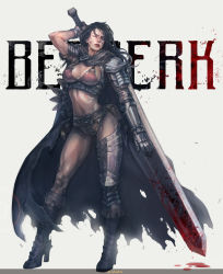 Rule 34 | 1girl, arm behind back, arm up, armor, armored boots, asymmetrical gloves, asymmetrical legwear, belt, belt pouch, berserk, bikini, bikini armor, bikini top only, blood, blood drip, bloody weapon, boots, breasts, cape, cleavage, contrapposto, copyright name, dragonslayer (sword), full body, gauntlets, genderswap, genderswap (mtf), gloves, greatsword, guts (berserk), high heels, highres, holding, holding sword, holding weapon, huge weapon, knee pads, large breasts, legs apart, one eye closed, over shoulder, pauldrons, pouch, red bikini, scar, shoulder armor, solo, standing, star (symbol), stato (statoon), swimsuit, sword, sword over shoulder, toned, torn cape, torn clothes, uneven gloves, uneven legwear, weapon, weapon over shoulder