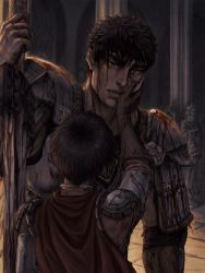 Rule 34 | 1boy, 1girl, armor, bandaged hand, bandages, berserk, black hair, blood, blood on clothes, blood on face, bloody weapon, cape, casca (berserk), commentary, english commentary, gloves, greatsword, guts (berserk), height difference, highres, holding, holding sword, holding weapon, looking at another, napkin, pillar, red cape, short hair, shoulder armor, spiked hair, statue, sword, theophiasco, weapon