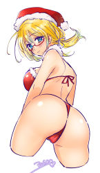 Rule 34 | 1girl, ass, bikini, blonde hair, blue eyes, breasts, commentary request, cropped legs, from behind, fur-trimmed bikini, fur-trimmed headwear, fur trim, glasses, hair ribbon, hat, highres, i-8 (kancolle), kantai collection, large breasts, looking at viewer, looking back, low twintails, red-framed eyewear, red bikini, red hat, ribbon, saburou 03, santa hat, semi-rimless eyewear, simple background, solo, swimsuit, twintails, under-rim eyewear, white background, white ribbon