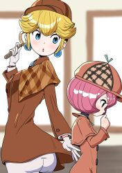 Rule 34 | 2girls, absurdres, blonde hair, blue eyes, blurry, blurry background, brooch, brown coat, cabbie hat, capelet, coat, deerstalker, depth of field, detective peach, detesu, earrings, gloves, hand on own chin, hat, highres, holding, holding magnifying glass, indoors, jacket, jewelry, looking to the side, looking up, magnifying glass, mario (series), multiple girls, nintendo, official alternate costume, official alternate hairstyle, pink hair, princess peach, princess peach: showtime!, sheila bell, short hair, solo, sphere earrings, standing, surechigai meikyuu, white gloves