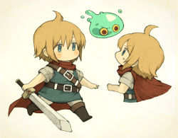 Rule 34 | 1boy, ahoge, belt, blonde hair, blue eyes, blush stickers, boots, cape, chibi, commentary, fantasy, maniani, no mouth, original, resolution mismatch, short hair, simple background, slime (creature), source larger, sword, weapon