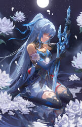 Rule 34 | 1girl, bare shoulders, black gloves, blue dress, blue sleeves, breasts, chinese clothes, crystal sword, detached sleeves, dress, epiphyllum, flower, from side, full moon, gloves, hair between eyes, high-low skirt, high ponytail, highres, holding, holding sword, holding weapon, honkai: star rail, honkai (series), jessica wijaya, jian (weapon), jingliu (honkai: star rail), long hair, looking at viewer, lotus, medium breasts, moon, parted lips, red eyes, reflection, reflective water, sitting, sky, solo, star (sky), starry sky, sword, wariza, weapon, white hair