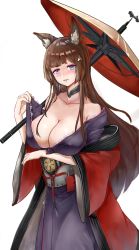 Rule 34 | 1girl, absurdres, amagi (azur lane), animal ears, azur lane, bad id, bad pixiv id, bare shoulders, blunt bangs, breasts, brown hair, cleavage, clothes lift, collarbone, commentary request, dylanlin, fox ears, hair ornament, highres, japanese clothes, large breasts, lifted by self, long hair, looking at viewer, oil-paper umbrella, purple eyes, sidelocks, simple background, smile, solo, thick eyebrows, umbrella, white background, wide sleeves