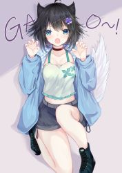 Rule 34 | 1girl, :o, absurdres, ahoge, animal ear fluff, animal ears, black hair, blue eyes, blue footwear, blue jacket, blush, boots, camisole, choker, claw pose, commentary request, cross-laced footwear, fang, fingernails, flower, gao, grey shorts, hair between eyes, hair flower, hair ornament, hands up, highres, jacket, kei (limitedgirl), lace-up boots, long sleeves, looking at viewer, nail polish, open clothes, open jacket, open mouth, original, pink nails, puffy long sleeves, puffy sleeves, purple flower, red choker, short shorts, shorts, solo, tail, white camisole