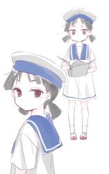 Rule 34 | 1girl, ?, aged down, black eyes, black hair, blue headwear, blue sailor collar, blue stripes, blunt ends, closed mouth, commentary request, dot mouth, dot nose, dress, dual persona, enomoto takane, expressionless, from side, full body, hat, holding, kagerou project, low twintails, neck ribbon, object request, ouri (aya pine), pastel colors, red eyes, red footwear, ribbon, sailor collar, sailor dress, sailor hat, shoes, short hair, short sleeves, simple background, single horizontal stripe, single stripe, single vertical stripe, socks, standing, turning head, twintails, two-tone headwear, upper body, uwabaki, variations, white background, white dress, white footwear, white headwear, white socks, white stripes, wispy bangs