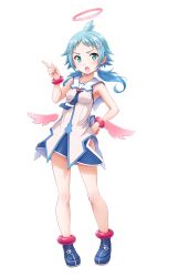 Rule 34 | 1girl, :o, aqua eyes, blue hair, detached wings, ekoro (galgun), full body, gal gun (series), gal gun returns, hair ornament, hairclip, halo, highres, index finger raised, long hair, low wings, masanori ito, official art, open mouth, pink wings, simple background, skirt, sleeveless, solo, standing, twintails, v-shaped eyebrows, white background, wings