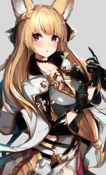 Rule 34 | 10s, 1girl, adjusting clothes, adjusting gloves, animal ears, armor, black gloves, blonde hair, blush, braid, choker, erune, gloves, granblue fantasy, highres, long hair, looking at viewer, open mouth, red eyes, solo, upper body, watao, yuisis (granblue fantasy)