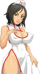 Rule 34 | 1girl, aliasing, bare shoulders, black hair, breasts, china dress, chinese clothes, cleavage, cleavage cutout, clothing cutout, covered erect nipples, cowboy shot, dress, green eyes, hand on thigh, honchan, impossible clothes, large breasts, lips, lipstick, lowres, makeup, nchallenge, nchans, no bra, no panties, parted lips, pink lips, short hair, smile, standing, transparent background, warner