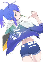 Rule 34 | 1girl, belt, blue eyes, blue hair, from behind, holding, lips, looking back, matching hair/eyes, mouth hold, original, pencil, pixiv, pixiv-tan, pointing, ponytail, short hair, shorts, simple background, sketchbook, solo, white background, yamaishi (mukoubuti)