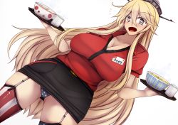 Rule 34 | 10s, 1girl, american flag legwear, american flag panties, black skirt, blonde hair, breasts, dutch angle, flag print, garter straps, headgear, holding, holding tray, iowa (kancolle), kantai collection, large breasts, long hair, looking at viewer, miniskirt, name tag, open mouth, panties, pantyshot, red shirt, shirt, simple background, skirt, solo, star-shaped pupils, star (symbol), striped clothes, striped thighhighs, symbol-shaped pupils, thighhighs, tray, underwear, vertical-striped clothes, vertical-striped thighhighs, very long hair, waitress, white background, yuzumiya mono