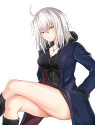 Rule 34 | 1girl, ahoge, black dress, black footwear, blue jacket, boots, breasts, cleavage, commentary request, crossed legs, dress, fate/grand order, fate (series), feet out of frame, fur-trimmed sleeves, fur trim, hair between eyes, hands in pockets, head tilt, highres, invisible chair, jacket, jeanne d&#039;arc (fate), jeanne d&#039;arc alter (fate), jeanne d&#039;arc alter (ver. shinjuku 1999) (fate), jewelry, large breasts, long sleeves, looking at viewer, necklace, official alternate costume, open clothes, open jacket, short dress, short hair, silver hair, simple background, sitting, solo, thighs, watarase piro, white background, wicked dragon witch ver. shinjuku 1999, yellow eyes
