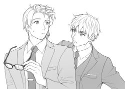 Rule 34 | 2boys, ahoge, america (hetalia), axis powers hetalia, collared shirt, formal, greyscale, hand in another&#039;s hair, holding, holding removed eyewear, jacket, looking at another, male focus, monochrome, multiple boys, necktie, shirt, simple background, suit, suit jacket, sweatdrop, thick eyebrows, tie clip, to@st, united kingdom (hetalia), unworn eyewear, upper body, white background