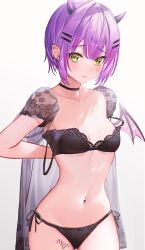 Rule 34 | 1girl, arms behind back, black choker, black panties, bow, bow panties, bra, breasts, choker, closed mouth, commentary, cowboy shot, demon horns, demon wings, ear piercing, floral print, green eyes, hair ornament, hairclip, highres, hololive, horns, lace, lace-trimmed bra, lace trim, leg tattoo, multiple piercings, navel, navel piercing, open clothes, open shirt, panties, piercing, puffy short sleeves, puffy sleeves, purple hair, raised eyebrows, sanada keisui, see-through, see-through shirt, see-through sleeves, short hair, short sleeves, side-tie panties, sidelocks, simple background, small breasts, solo, stomach, strap slip, string panties, symbol-only commentary, tattoo, thighs, tokoyami towa, underwear, undressing, virtual youtuber, white background, wings