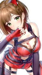 Rule 34 | 1girl, animal ears, bare shoulders, belt, blush, bodysuit, braid, breast tattoo, breasts, brown hair, cat ears, choker, cleavage, clothing cutout, collarbone, dress, ear piercing, earrings, elbow gloves, fang, fingerless gloves, gloves, green eyes, highres, hip focus, idolmaster, idolmaster cinderella girls, idolmaster cinderella girls starlight stage, jewelry, large breasts, looking at viewer, maekawa miku, nail polish, navel, navel cutout, paw print, piercing, pouch, red bodysuit, red gloves, red nails, short braid, short dress, short hair, side braid, simple background, smile, solo, swept bangs, takeashiro, tattoo, thigh strap, thighs, tongue, tongue out, white background