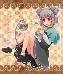 Rule 34 | 1girl, amagumo, animal ears, ass, basket, blush, capelet, cheese, dress, female focus, food, food on face, full body, gem, grey dress, jewelry, mouse (animal), mouse ears, mouse tail, nazrin, necklace, open mouth, pendant, red eyes, shirt, short hair, solo, tail, touhou, upskirt