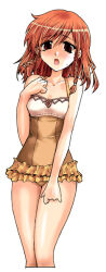 Rule 34 | 1girl, bare arms, bare shoulders, braid, breasts, furrowed brow, hand up, kagehi no loo, legs together, mabinogi, one-piece swimsuit, open mouth, orange hair, red eyes, short hair, simple background, small breasts, solo, standing, swimsuit, triona, twin braids, white background