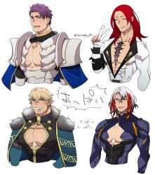 Rule 34 | 4boys, adapted costume, bare pectorals, blonde hair, body armor, cape, cleavage cutout, closed eyes, clothing cutout, fate/grand order, fate (series), fur trim, gawain (fate), gloves, highres, lancelot (fate/grand order), male focus, multicolored hair, multiple boys, odysseus (fate), partially fingerless gloves, pectoral cleavage, pectorals, purple hair, red hair, scar, silver hair, simple background, skin tight, standplay, streaked hair, tristan (fate), v, white background, white gloves