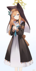 Rule 34 | 1girl, animal ears, black dress, blue archive, blue background, blue eyes, braid, brown hair, closed mouth, commentary, dress, fake animal ears, flower, frilled sleeves, frills, gradient background, habit, halo, highres, interlocked fingers, long hair, long sleeves, looking at viewer, mari (blue archive), nev (nevblindarts), nun, own hands clasped, own hands together, puffy long sleeves, puffy sleeves, sailor collar, signature, smile, solo, standing, veil, white background, white flower, white sailor collar