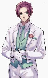 Rule 34 | 1boy, blazer, blue lock, breast pocket, bright pupils, buttons, closed mouth, collared shirt, cowboy shot, gloves, green eyes, green necktie, green vest, haru ( 266hr), highres, itoshi sae, jacket, lapels, long sleeves, male focus, necktie, notched lapels, open clothes, open jacket, pants, pocket, purple hair, shirt, short hair, simple background, solo, vest, white background, white gloves, white jacket, white pants, white pupils