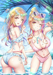 Rule 34 | 1boy, 1girl, ass, bare shoulders, bikini, blonde hair, blush, bow, breasts, brother and sister, cleavage, from behind, grin, hair bun, heart, heart-shaped eyewear, highres, huge ass, large breasts, leaning, leaning forward, long hair, looking at viewer, looking back, natsusora aona, natsusora wakana, navel, novady, one eye closed, open mouth, original, shiny skin, siblings, single hair bun, smile, sunglasses, sunglasses on head, swimsuit, trap, twins, v, water, wet, wink, yellow eyes