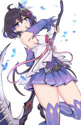 Rule 34 | 1girl, antenna hair, bare shoulders, blue butterfly, blue eyes, blue hair, breasts, bug, butterfly, hair between eyes, hair ornament, highres, holding, holding weapon, honkai (series), honkai impact 3rd, insect, looking at viewer, open mouth, purple skirt, purple thighhighs, scythe, seele vollerei, seele vollerei (swallowtail phantasm), shoes, short hair, sideboob, simple background, skirt, solo, thighhighs, weapon, white background, yougenko