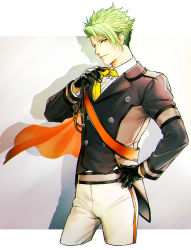 Rule 34 | 1boy, achilles (fate), adjusting clothes, adjusting necktie, alternate costume, bad id, bad pixiv id, black gloves, changye, cowboy shot, fate/apocrypha, fate/grand order, fate (series), gloves, green hair, hand on own hip, highres, long sleeves, looking at viewer, male focus, manly, multicolored hair, necktie, orange scarf, pants, scarf, shadow, simple background, smile, solo, upper body, yellow eyes, yellow necktie