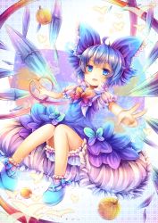 Rule 34 | 1girl, bad id, bad pixiv id, bloomers, blue eyes, blue hair, blush, bow, cirno, coa (chroo x), dress, female focus, food, fruit, hair bow, hair ornament, heart, ice, ice wings, matching hair/eyes, open mouth, ribbon, short hair, solo, touhou, underwear, wings