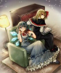 Rule 34 | 2girls, adapted costume, alternate hairstyle, bad id, bespectacled, black dress, blonde hair, blue dress, blue eyes, blue hair, book, bookshelf, braid, capelet, chair, cirno, dress, glasses, grin, hair ribbon, ice, ice wings, lamp, looking at viewer, mimoto (aszxdfcv), multiple girls, aged up, puffy short sleeves, puffy sleeves, red-framed eyewear, red eyes, ribbon, rumia, shirt, short sleeves, sitting, smile, touhou, wings