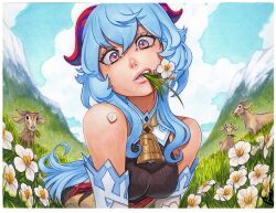 Rule 34 | 1girl, bell, black eyes, blue hair, bodystocking, breasts, commentary, cowbell, english commentary, flower, flower in mouth, ganyu (genshin impact), genshin impact, goat, hair between eyes, head tilt, horns, leaning forward, long hair, looking at viewer, medium breasts, omar dogan, petals, purple eyes, qingxin flower, solo, traditional media, very long hair, white flower