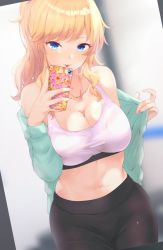 Rule 34 | 1girl, black pants, blonde hair, blue eyes, blush, breasts, cleavage, collarbone, commentary request, highres, idolmaster, idolmaster cinderella girls, jacket, jewelry, large breasts, long hair, looking at viewer, navel, necklace, off shoulder, ohtsuki yui, open clothes, open jacket, open mouth, pants, phone, ponytail, ryuu., selfie, smile, solo, sweat, tongue, tongue out, undressing, wavy hair