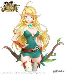 Rule 34 | 1girl, antenna hair, aqua eyes, arm warmers, belt, blonde hair, boots, bow (weapon), breasts, capelet, circlet, copyright name, cowboy shot, dress, green dress, hand on own hip, jupy (seven knights), long hair, looking at viewer, medium breasts, pointy ears, red thighhighs, seven knights, short dress, simple background, smile, solo, strapless, strapless dress, thigh boots, thighhighs, watermark, weapon, white background, yuri (anachronic)