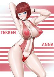 Rule 34 | 1girl, amano kotone (ichigo jet), anna williams, arm behind head, armpits, arms up, blue eyes, blunt bangs, blush, bracelet, breasts, cameltoe, character name, choker, cleavage, cleft of venus, collarbone, curvy, female focus, jewelry, large breasts, lips, navel, nipples, one-piece swimsuit, puffy nipples, red hair, red one-piece swimsuit, see-through, short hair, slingshot swimsuit, solo, standing, swimsuit, tekken