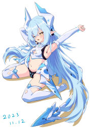 Rule 34 | 1girl, armpits, blue hair, breasts, character request, copyright request, crop top, detached sleeves, headgear, highres, long hair, mechanical tail, navel, one eye closed, papiyon1297, pointy ears, simple background, sitting, small breasts, solo, stretching, symbol-shaped pupils, tail, thighhighs, very long hair, wariza, white background, white thighhighs, x-shaped pupils, yawning, yellow eyes
