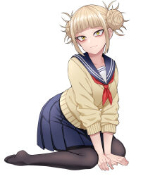 Rule 34 | 1girl, absurdres, ass, bags under eyes, black pantyhose, blonde hair, blue sailor collar, boku no hero academia, breasts, collarbone, double bun, hair bun, highres, kobaji, large breasts, looking at viewer, messy hair, pantyhose, pleated skirt, sailor collar, school uniform, simple background, skirt, solo, toga himiko, white background, yellow eyes