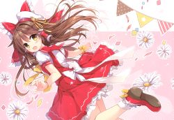 Rule 34 | 1girl, absurdres, adapted costume, blush, bobby socks, bow, bracelet, brown hair, commentary request, confetti, cowboy shot, flower, frilled bow, frills, hair between eyes, hair bow, hair tubes, hakurei reimu, hat, hat ribbon, highres, jewelry, leg up, looking at viewer, mary janes, mochizuki shiina, open mouth, petticoat, pink background, puffy short sleeves, puffy sleeves, red bow, red footwear, red sailor collar, red skirt, red vest, ribbon, sailor collar, sailor hat, scan, shirt, shoe soles, shoes, short sleeves, sidelocks, silhouette, skirt, skirt set, smile, socks, solo, string of flags, thighs, touhou, two-tone background, vest, white background, white flower, white hat, white shirt, white socks, yellow bow, yellow eyes, yellow neckwear, yellow ribbon