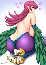 Rule 34 | 1girl, artist name, ass, back, bare shoulders, black thighhighs, breasts, butt crack, commentary request, duel monster, feathered wings, feathers, gradient background, green feathers, green wings, harpie lady, harpie lady 1, harpy, heart, highres, large breasts, long hair, looking at viewer, looking back, monster girl, pantyhose, parted lips, pointy ears, purple pantyhose, red hair, sideboob, solo, someguu, stirrup legwear, talons, thighhighs, thighhighs over pantyhose, toeless legwear, white background, winged arms, wings, yu-gi-oh!