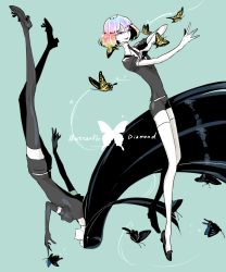 Rule 34 | 2others, absurdly long hair, androgynous, black gloves, black hair, black legwear, black neckwear, bort, bug, butterfly, cojima, diamond (houseki no kuni), elbow gloves, gloves, highres, houseki no kuni, bug, long hair, multicolored hair, multiple others, necktie, shirt, short hair, short sleeves, shorts, simple background, smile, thighhighs, very long hair, white gloves, white legwear, white shirt