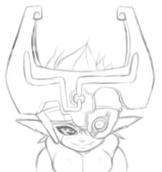 Rule 34 | 1girl, alternate breast size, bent over, breasts squeezed together, breasts, cleavage, eyepatch, fang, greyscale, helmet, large breasts, long hair, mato spectoru, midna, monochrome, naughty face, nintendo, nude, pointy ears, the legend of zelda, the legend of zelda: twilight princess, v arms
