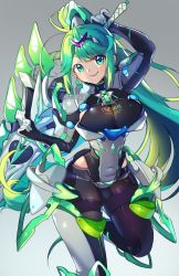 Rule 34 | 1girl, breasts, chest jewel, covered navel, earrings, feet out of frame, gloves, green eyes, green hair, grey background, hair ornament, highres, jewelry, large breasts, long hair, nintendo, pneuma (xenoblade), ponytail, solo, spoilers, swept bangs, sword, tiara, very long hair, watermark, weapon, xenoblade chronicles (series), xenoblade chronicles 2, yagi (kyuhyun)