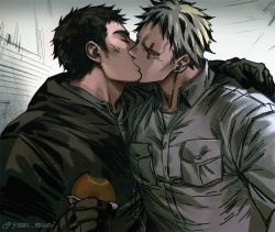 Rule 34 | 2boys, aikawa (dorohedoro), arm hug, artist name, bad id, bad pixiv id, bara, black hair, blonde hair, blush, breast pocket, closed eyes, collared shirt, commentary, couple, dorohedoro, doughnut, english commentary, food, french kiss, gloves, holding, holding food, hood, hood down, hoodie, kiss, long sleeves, male focus, multicolored hair, multiple boys, muscular, muscular male, open mouth, pocket, risu (dorohedoro), scar, scar across eye, scar on face, shirt, short hair, simple background, steel peach, sweater, thick eyebrows, twitter username, two-tone hair, upper body, yaoi