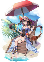 Rule 34 | 1girl, alternate costume, bangle, bare shoulders, beach chair, beach umbrella, bead bracelet, beads, black one-piece swimsuit, blue nails, blue sky, book, bow, bracelet, brooch, brown hat, clothing cutout, commentary, covered navel, cross-laced clothes, crossed legs, cup, dress, drink, drinking straw, feet, floating, floating hair, floating object, flower, food, frilled dress, frilled sleeves, frills, fruit, full body, genshin impact, green eyes, hair between eyes, hair flower, hair ornament, hands up, hat, hat bow, hibiscus, high heels, highres, holding, holding cup, holding drink, jewelry, kusunokinawate, legs, lemon, lemon slice, lens flare, long hair, looking at viewer, mona (genshin impact), nail polish, one-piece swimsuit, open book, palm leaf, parted lips, ponytail holder, purple bow, purple dress, red flower, sand, seashell, shell, short sleeves, shoulder cutout, sidelocks, sitting, sky, solo, sparkle print, star (symbol), strappy heels, sun, sun hat, swept bangs, swimsuit, swimsuit under clothes, thighlet, thighs, toenail polish, toenails, toes, tropical drink, twintails, two-tone footwear, umbrella, water, white background, white footwear