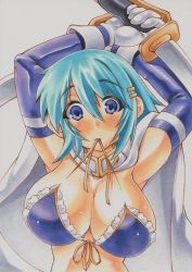 Rule 34 | 10s, 1girl, armpits, arms up, bikini, bikini in mouth, blue eyes, blue hair, blush, breasts, cape, cleavage, clothes in mouth, dual wielding, elbow gloves, front-tie top, gloves, hair ornament, halterneck, holding, large breasts, mahou shoujo madoka magica, mahou shoujo madoka magica (anime), matching hair/eyes, miki sayaka, mouth hold, purple bikini, short hair, simple background, solo, swimsuit, sword, weapon, white background, yutakasan-love